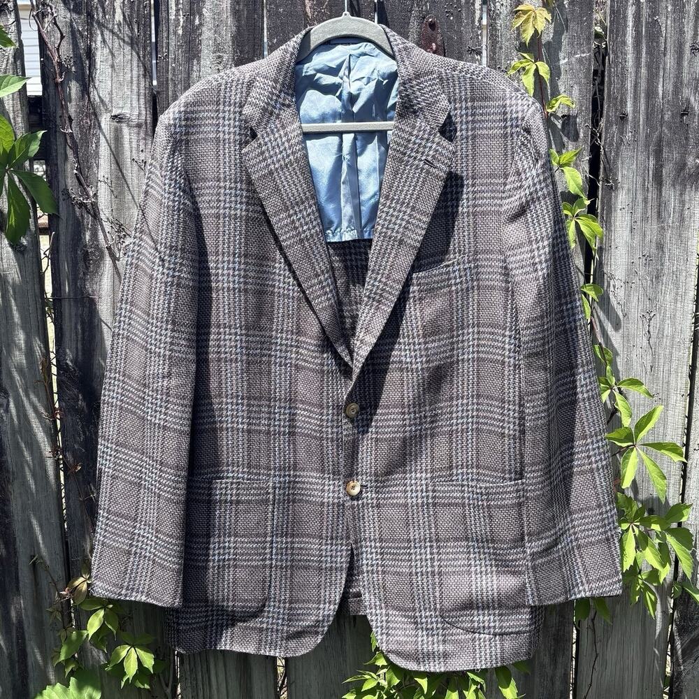 KITON Custom Linen Cashmere Wool Blazer Jacket Brown Plaid Sz 56
